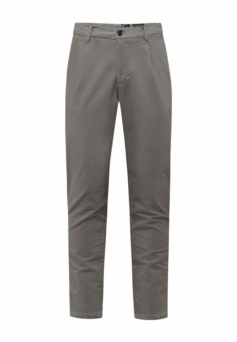 Pantaloni in velluto a coste grigi con vestibilità slim, dotati di chiusura con bottone frontale, passanti per cintura e due tasche laterali. Tessuto testurizzato con motivo a coste.
