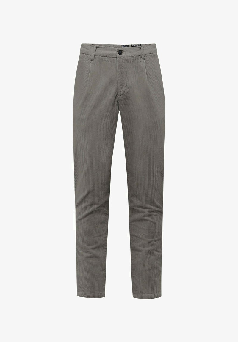 Szare spodnie korduroy o slim fit, z zapięciem na guzik z przodu, paskami na pasek oraz dwoma bocznymi kieszeniami. Teksturowana tkanina z prążkowanym wzorem.