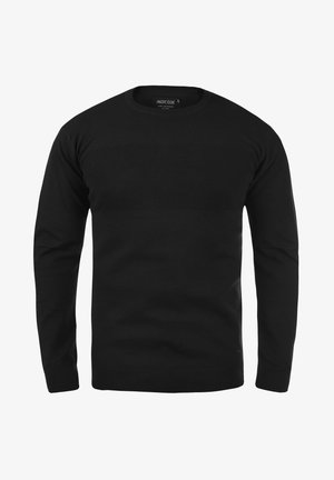 Sort strikket sweater med et struktureret mønster over brystet, lange ærmer og rund halsudskæring; ribbede manchetter og kant.