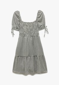 Mustikka- ja valkoinen ruudullinen mekko, jossa on neliönmallinen pääntie, puffihihat, smockattu yläosa ja kerroksellinen hame. Materiaali vaikuttaa kevyeltä ja teksturoidulta.