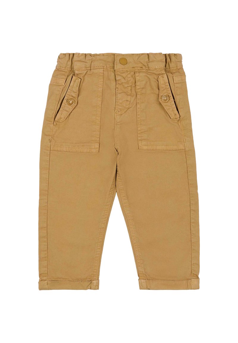 Beżowe spodnie z elastycznym pasem, dwoma przednimi kieszeniami i gładką bawełnianą fakturą. Na dole nogawki są zwinięte, co zapewnia dopasowanie w kształcie stożka.