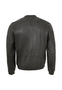 Schwarze Lederjacke mit einem gerippten Kragen, elastischen Bündchen und einem schlanken Design mit auffälligen Nähdetails auf dem Rücken.