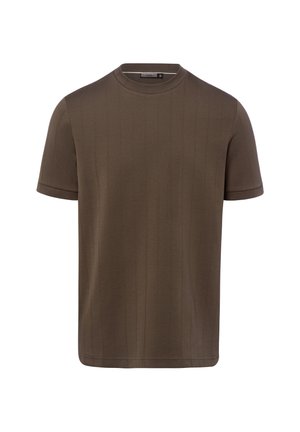 Brązowy t-shirt z krótkim rękawem i okrągłym dekoltem, o delikatnej fakturze z pionowymi paskami i prostym dołem.