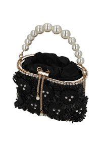 Schwarze Handtasche mit Blumenverzierungen, Perlenhenkel, goldenen Akzenten und Strassbesatz, mit weichem schwarzen Stofffutter.