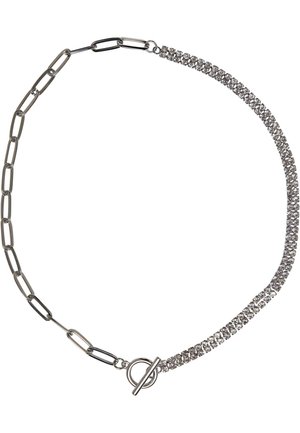 Silver chain necklace featuring elongated links, adorned with a row of sparkling rhinestones, fastened with a round toggle clasp.