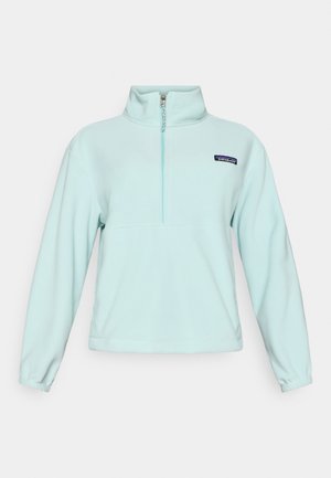 Lichtblauwe fleece trui met een hoge kraag, halve rits aan de voorkant en elastische manchetten. Heeft een klein logo op de linkerborst.