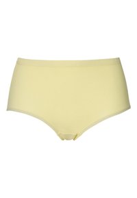 Geel geribbelde hoge tailleonderbroek met een brede elastische tailleband en een gladde afwerking, gekenmerkt door minimale stitching en geen patronen.