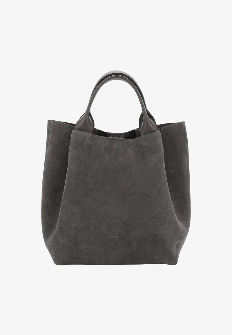 Dark gray suede tote bag with rounded leather handles and a soft, slightly slouchy structure.