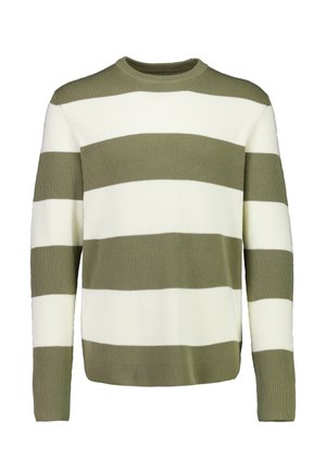 Grün- und cremefarbener gestreifter Pullover mit ribbeliger Textur, rundem Halsausschnitt und langen Ärmeln. Mit abwechselnd breiten und schmalen Streifen.