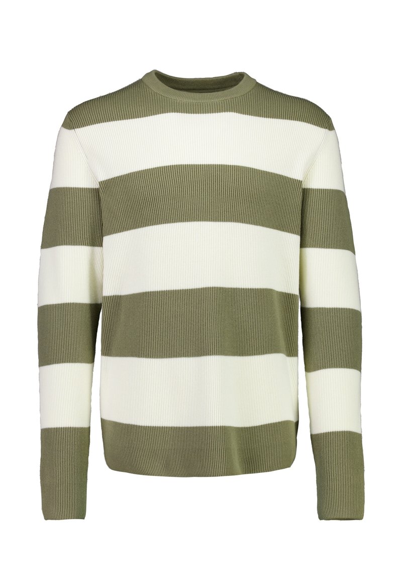 Zielono-kremowy sweter w paski z prążkowaną fakturą, okrągłym dekoltem i długimi rękawami. Ma szerokie i wąskie paski ułożone na przemian.