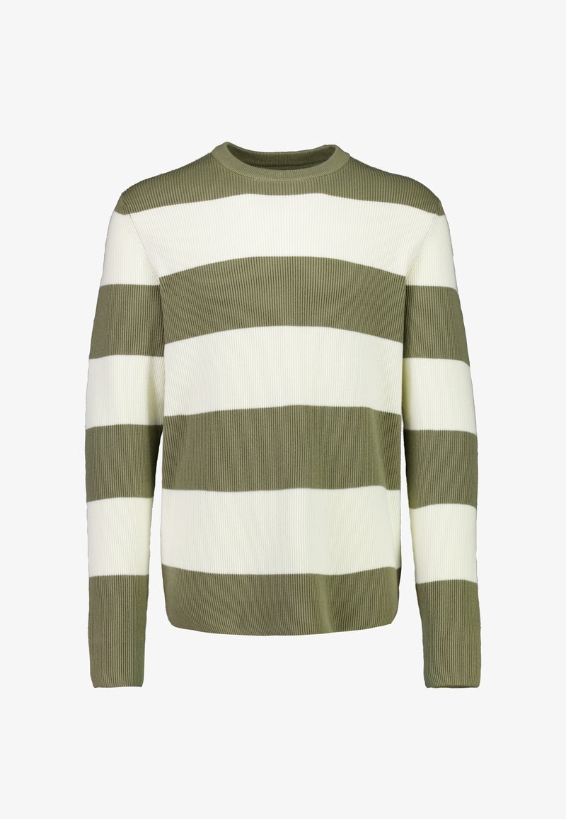 Green and cream striped sweater with a ribbed texture, round neckline, and long sleeves. Features alternating wide and narrow stripes.