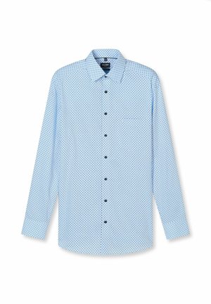 Hellblaues Herrenhemd mit langen Ärmeln und kleinem dunkelblauem Punktenmuster, ausgestattet mit einem klassischen Kragen, schwarzen Knöpfen und einer Brusttasche.