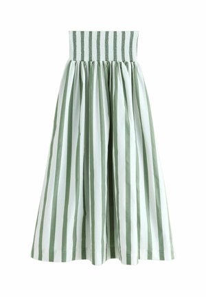 Hoher, knöchellanger Rock mit vertikalen grünen und weißen Streifen und einem elastischen, gerafften Bund.