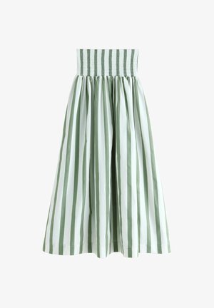 Kõrge vöökohaga, pahkluuni ulatuv seelik, millel on vertikaalsed rohelised ja valged triibud ning karestatud elastne vöökoht.