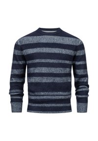 Marineblå og grå stribet sweater lavet af tekstureret stof, med rund halsudskæring og ribkantede manchetter, samt skiftende brede og smalle striber.