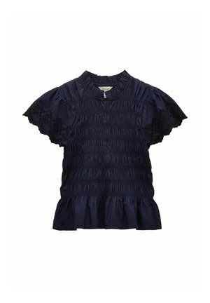 Navy blue short-sleeve blouse with smocked bodice, ruffled high neckline, eyelet lace butterfly sleeves, and a ruffled hem.