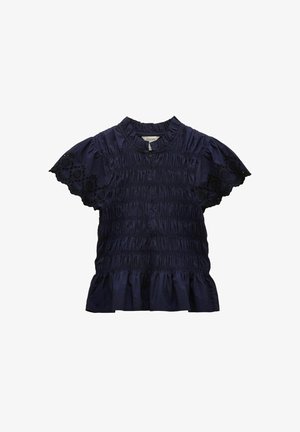 Navy blue short-sleeve blouse with smocked bodice, ruffled high neckline, eyelet lace butterfly sleeves, and a ruffled hem.