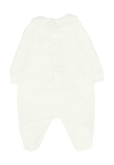 Body in cotone bianco a maniche lunghe per neonati, con gambe a piede e bottoni a pressione sia davanti che dietro.