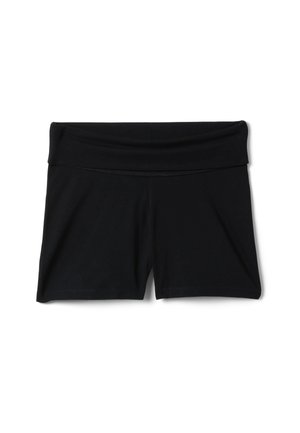 Schwarze knielange Stretch-Shorts mit breitem, umgeschlagenem Bund, flach auf weißem Hintergrund liegend.