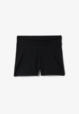 Zwarte stretch kortebroek tot op de knie met een brede omgeslagen tailleband, plat liggend op een witte achtergrond.