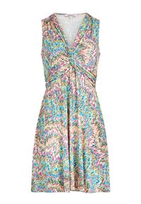 Buntes ärmelloses Kleid mit Wickeldesign, das ein Zickzackmuster in Pink-, Blau- und Grüntönen aufweist, aus leichtem Stoff gefertigt.