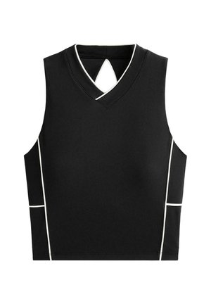 Black sleeveless top with a V-neck and a back keyhole detail. Features white accent lines along the sides. Made from stretchy material.