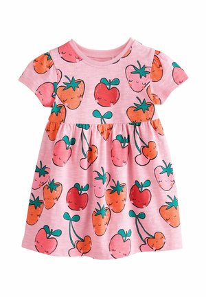 Rosa Baumwollkleid mit einem verspielten Druck von lächelnden Erdbeeren und Kirschen, kurzen Ärmeln und einer gerafften Taille.