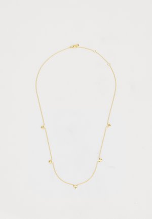 Colar dourado com uma corrente delicada, featuring pequenos acentos em forma de coração. Textura suave com acabamento polido. Comprimento ajustável.