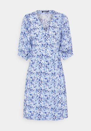 Light blue floral wrap dress with puffed three-quarter sleeves and V-neckline, featuring various shades of blue flowers on white background.