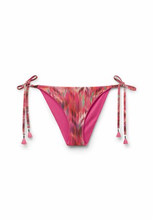 Pink bikini bottom featuring a multicolored, abstract pattern with ties on each side, finished with decorative tassels. Soft fabric texture.