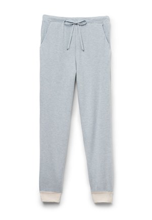 Ljusgrå sweatpants i mjukt material, med dragsko i midjan, sidofickor och vita ribbade muddar vid anklarna.