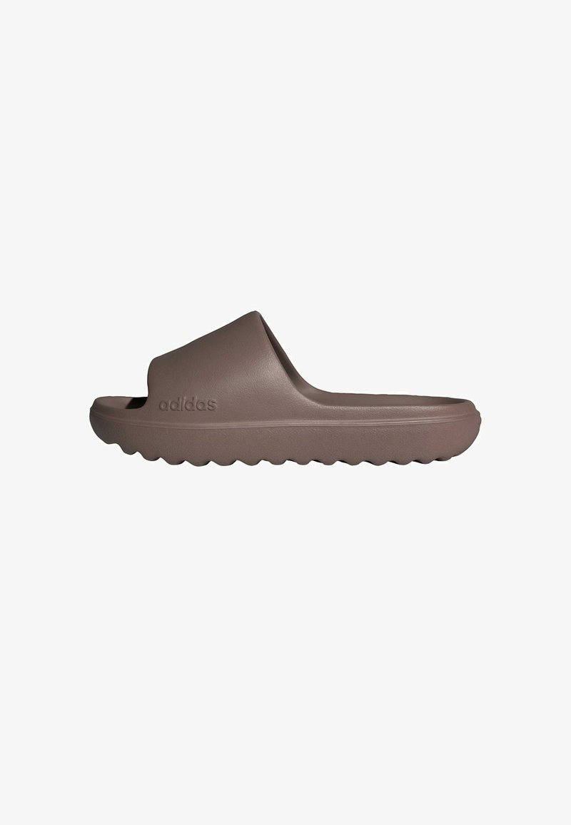 Brown Adidas slide sandals with a smooth upper, open toe design, and textured sole featuring a wave pattern for traction.