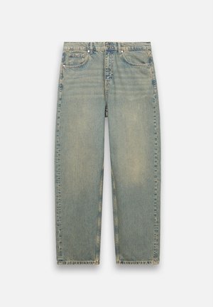 Helle blaue Denim-Jeans mit einem leicht verblassten Finish, gerader Beinform, Fünf-Taschen-Design und metallischen Details am Bund.