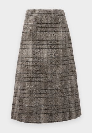 Zīda un vilnas maisījuma zīmuļa svārki ar brūnu un pelēku rakstu, strukturētu dizainu un tīru apdari pie apakšmalas.