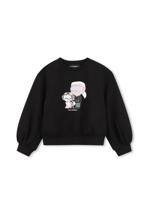 Zwarte sweatshirt met cartoonafbeelding van een persoon en hond die skibrillen dragen, skistokken vasthouden en "Karl Lagerfeld" tekst eronder.