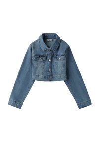 Giacca in denim tagliata in blu chiaro con colletto classico, maniche lunghe, due tasche sul petto e chiusure a bottone metalliche.