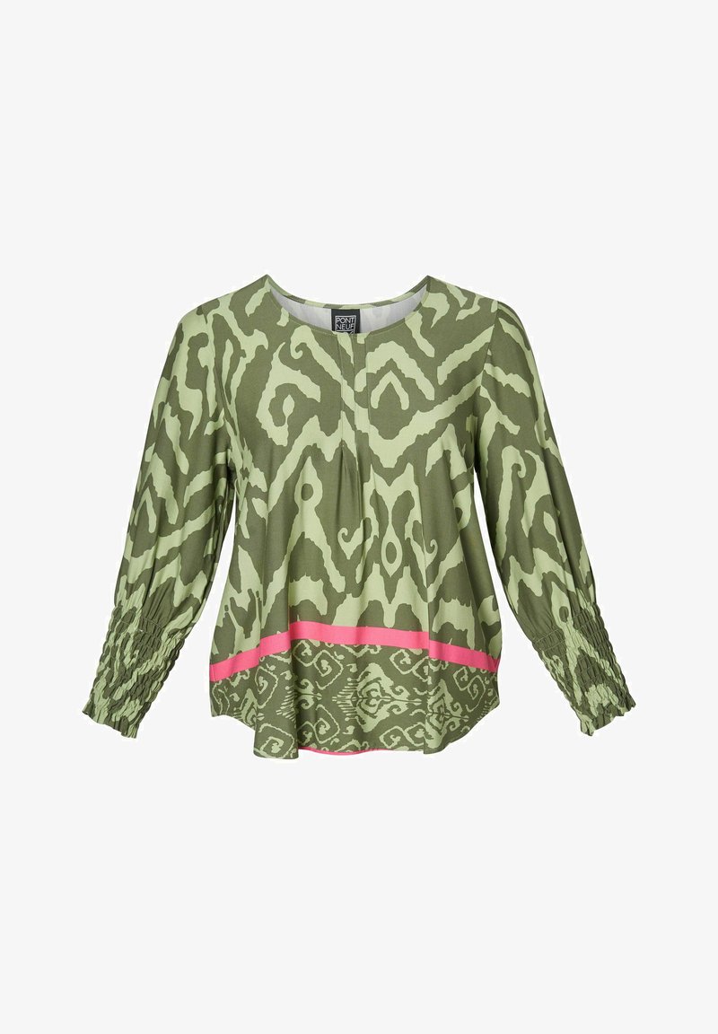 Green blouse with an abstract light green pattern, round neckline, long sleeves, and smocked cuffs. Features a pink horizontal stripe at the bottom.