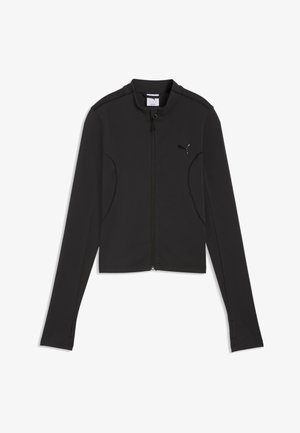 Chaqueta negra de manga larga con cremallera y logo de Puma en el pecho, cuello alto y orificios para el pulgar en las mangas, extendida sobre fondo blanco.