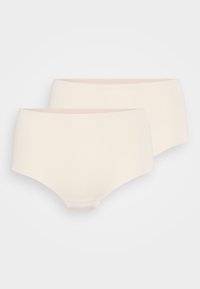 Deux paires de culottes hipster en coton beige clair. Elles présentent un design lisse et sans couture avec une taille confortable et une texture douce.