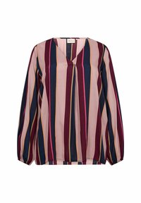 Chemisier à boutonner avec des rayures verticales bordeaux, marine, rose et doré. Manches longues avec poignets élastiques ; design en V. Tissu léger.