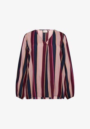 Kreklu blūze ar vertikālām svītrām bordo, tumši zilos, rozā un zeltainos toņos. Garas piedurknes ar elastīgiem galiem; V-veida kakla izgriezums. Viegls audums.