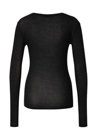 Haut noir en maille ajusté à manches longues avec encolure ronde, vu de dos.