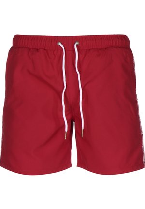 Red swim shorts with an elastic waistband, white drawstring, and side accents. Made of lightweight fabric, featuring a smooth texture.