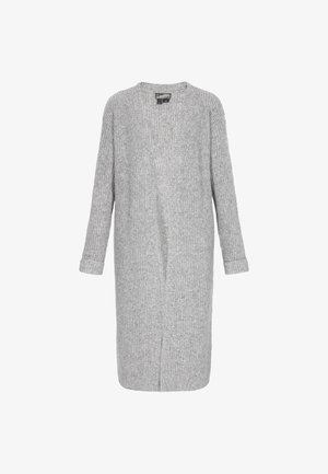 Langer, offener, gerippter Strickcardigan in Hellgrau mit langen Ärmeln und umgeschlagenen Bündchen.