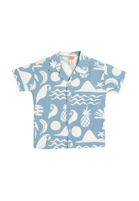 Lichtblauw katoenen shirt met korte mouwen, versierd met witte tropische patronen, waaronder ananassen, golven en vogels, met een knopenfront.