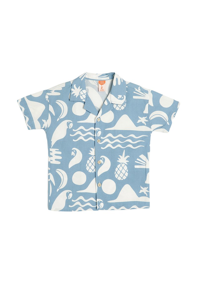 Lichtblauw katoenen shirt met korte mouwen, versierd met witte tropische patronen, waaronder ananassen, golven en vogels, met een knopenfront.