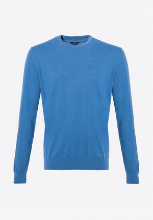 Blauwe trui, ronde hals, lange mouwen, zachte textuur, geribde manchetten en zoom, minimale merkaanpassing aan de onderzijde links.