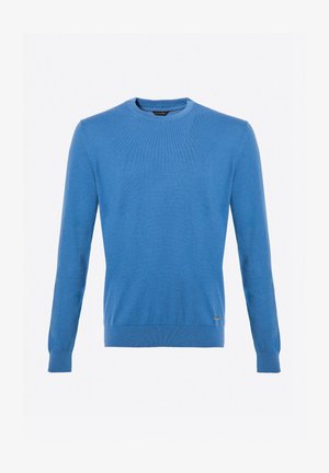 Blauwe trui, ronde hals, lange mouwen, zachte textuur, geribde manchetten en zoom, minimale merkaanpassing aan de onderzijde links.