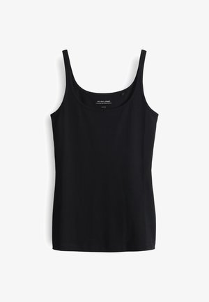 Czarny top na ramiączkach, wykonany z miękkiego, elastycznego materiału. Posiada prosty, dopasowany fason oraz okrągły dekolt.