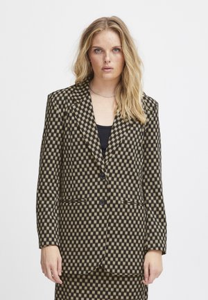Károvaný blazer s hnědým a béžovým vzorem, strukturovaný střih, jednobotonová úprava, klopové límce a dvě přední kapsy.
